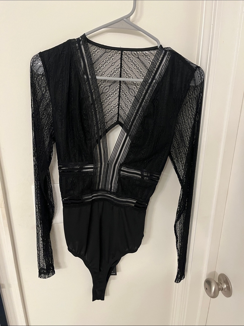 Lulu's Black Lace Plunge Long-Sleeve Bodysuit